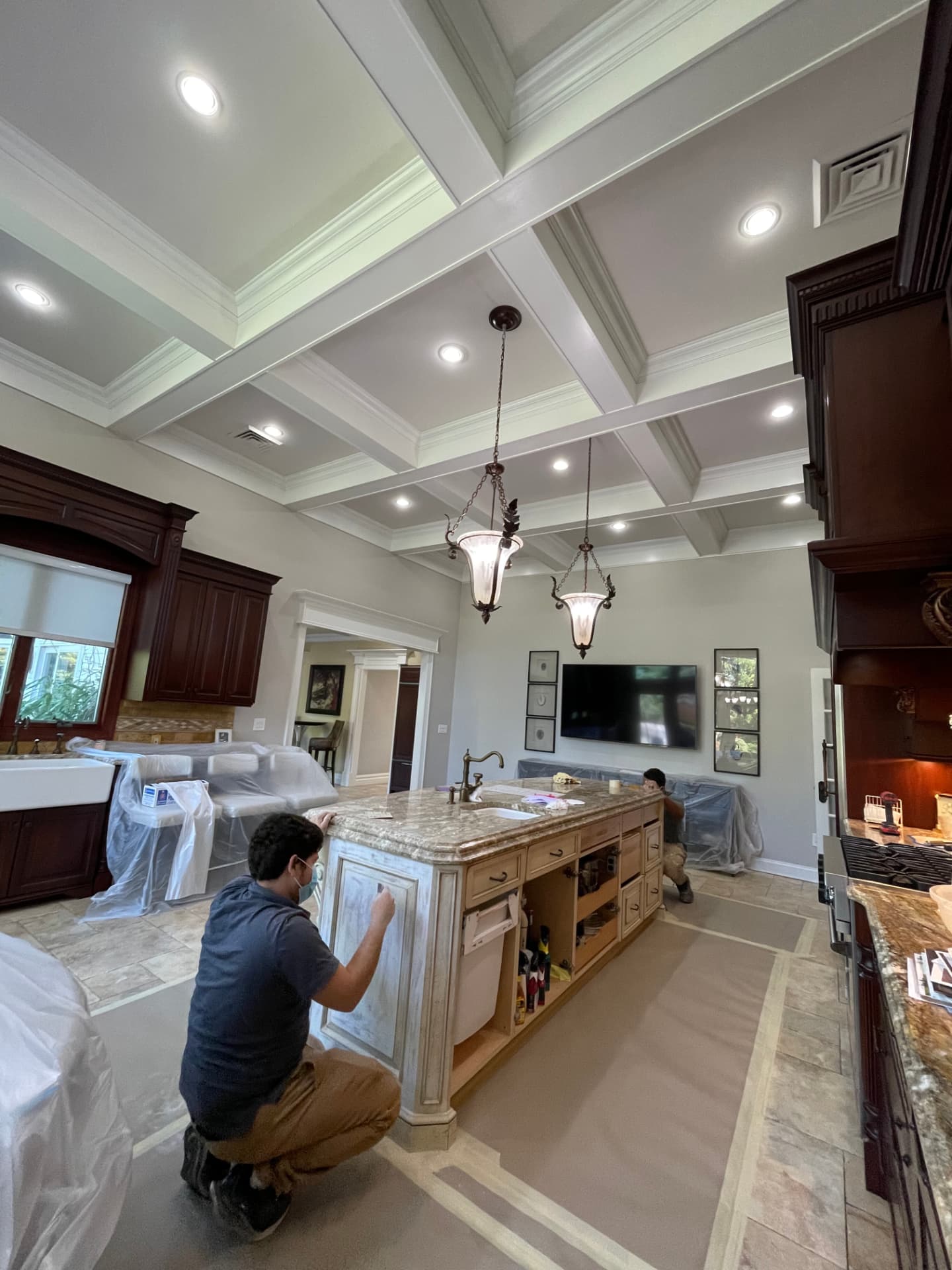 Kitchen painting project with coffered ceiling