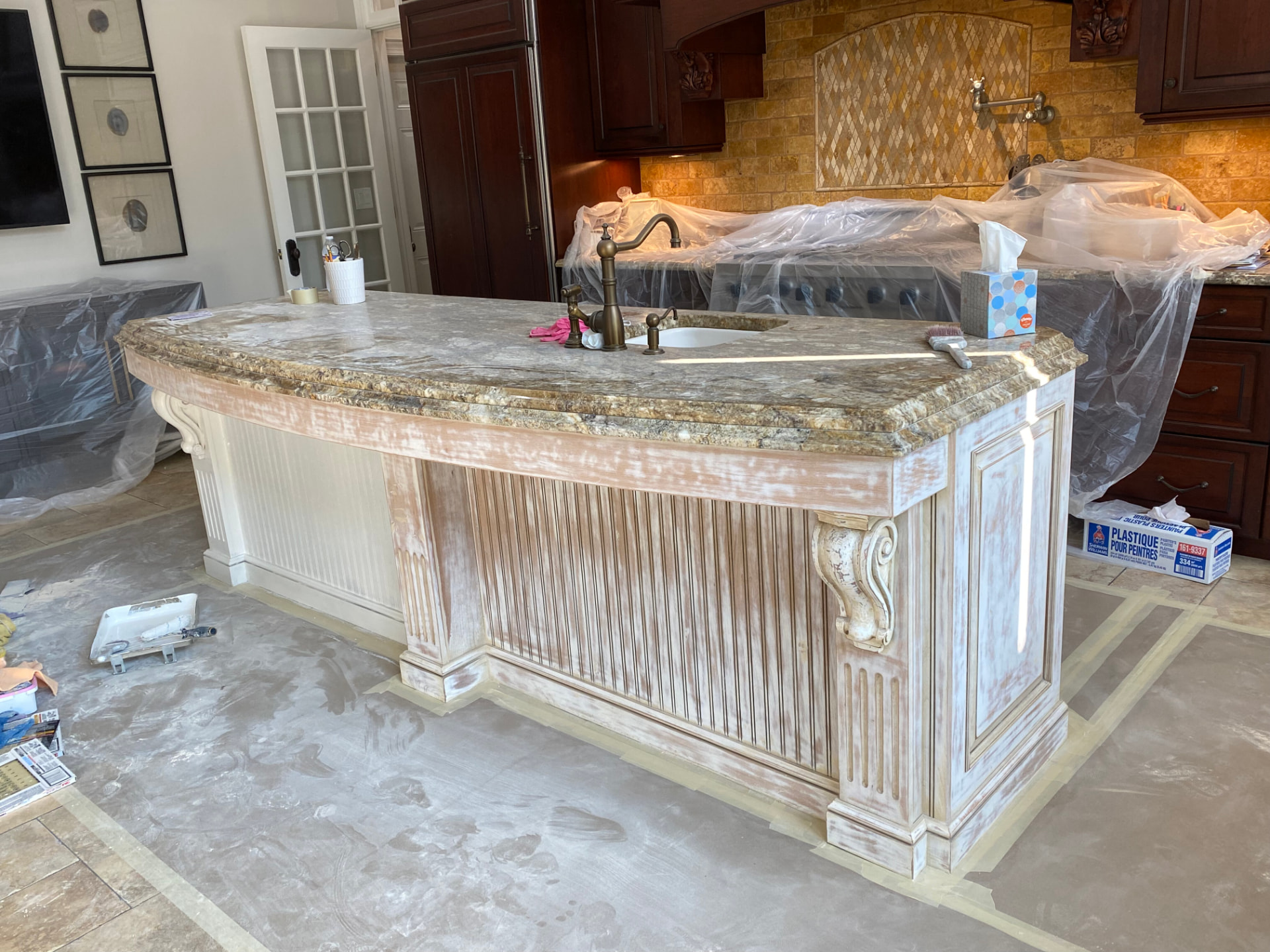 Kitchen island sanded and prepared before painting